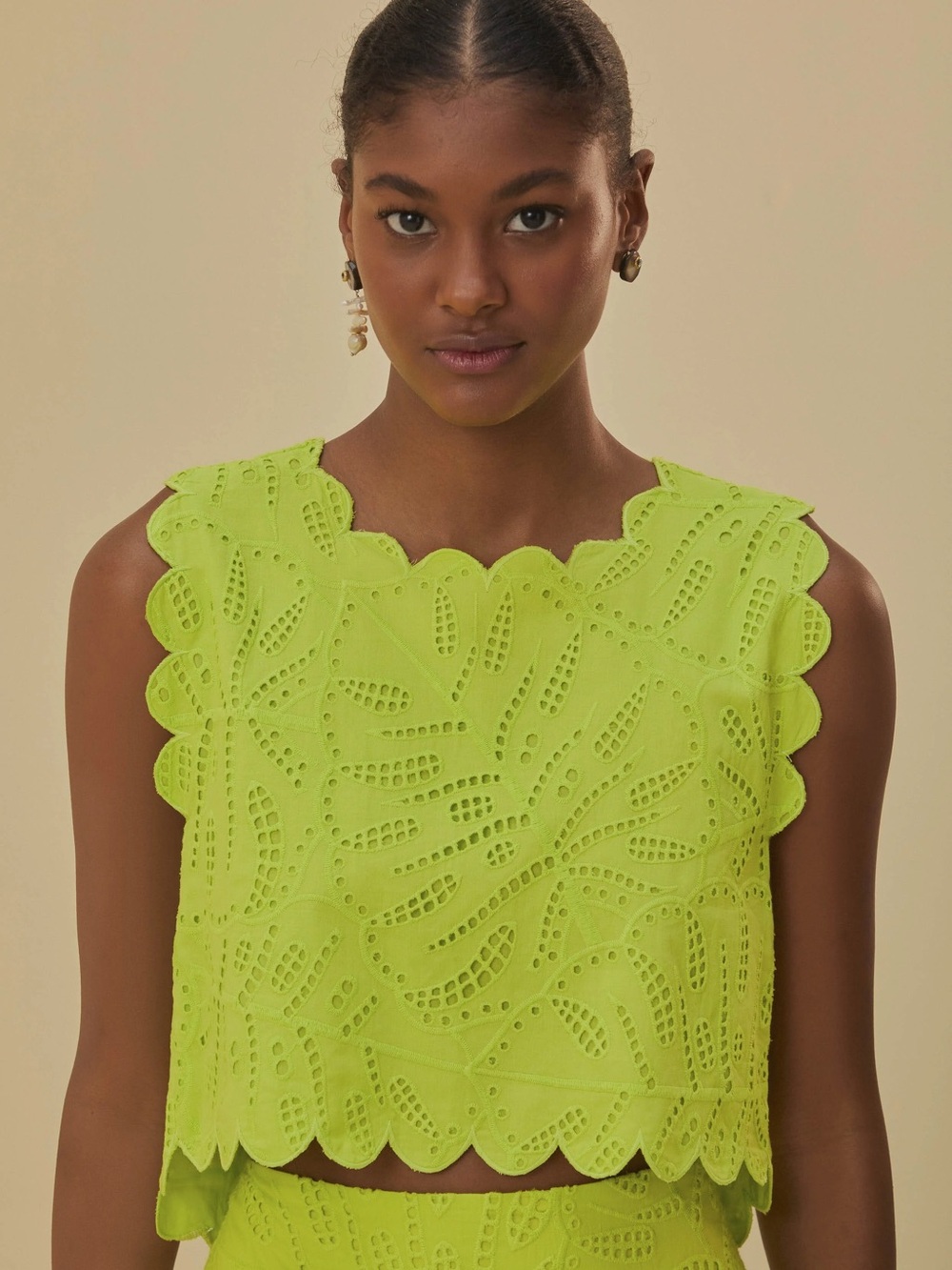 Farm Rio Nwt Green Monstera Eyelet Crop Top